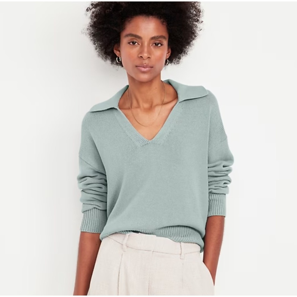 NWT Old Navy Polo Sweater Women M Silver Sage V-Neck Collared Shaker Knit Cotton